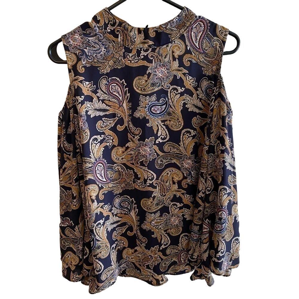 Veronica M. Navy Blue Paisley Print Long Belll Sleeve Cold-Shoulder Blouse Large